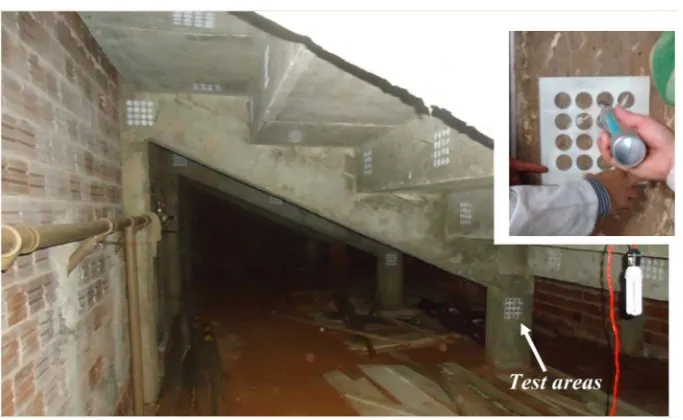 Figure 4. Indication of the hardness test areas on the exposed concrete surfaces of the structural elements under the bleachers (insert scelerometer)
