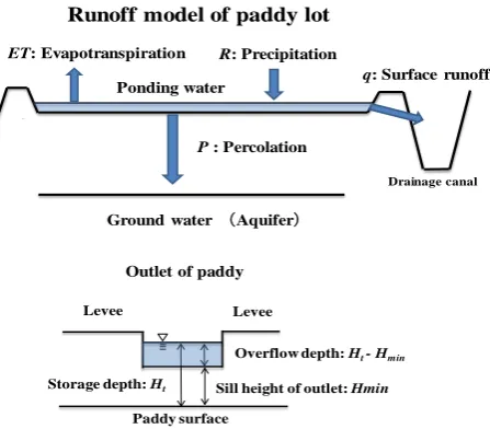 Figure 2. Schematic of a paddy field showing parameters for the runoff model. 
