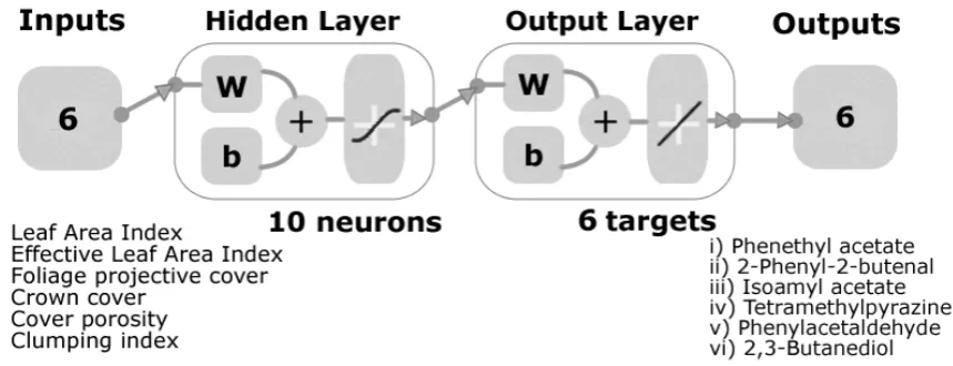 Figure 3. Model diagram showing the two-layer feedforward network with six inputs from the canopy architecture, 10 neurons in the hidden layer with a tan-sigmoid function and a linear transfer function in the output layer