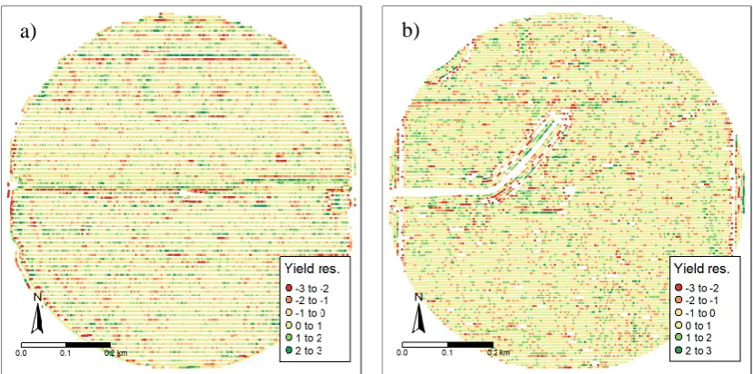 Figure 3. Spatial distribution of the standardized yield residuals in fields 1 (a) and 2 (b)