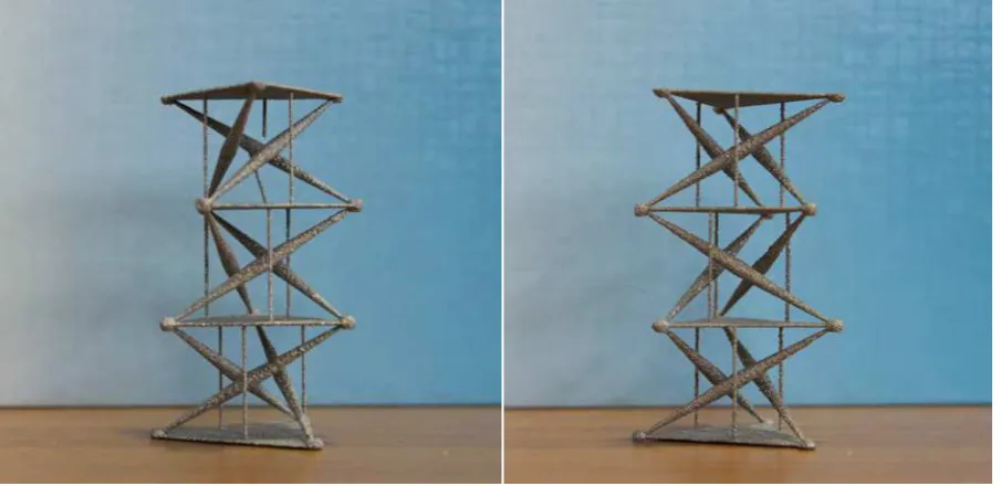 Figure 4: EBM-printed columns with three left-handed prisms (left), and three left-rigth handed prisms(rigth).