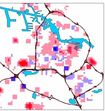 Figure 8: Changes in the Density-Diversity between 1990 and 1996(scale E-W 18kms) (red = increase, blue = decrease; bright = considerable change, light = limited change)  