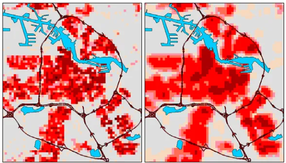 Figure 2: The Effect of Changing the Smoothing Parameter – bandwidth – on the Display of Population Densities (scale E-W 5.5kms) 