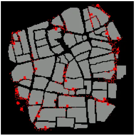Figure 9: Simulating pedestrian shopping trips from car parks in Wolverhampton Town Centre (within the ring road – mapped extent 1km square)  