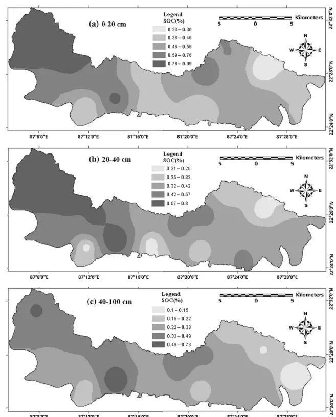 Fig. 3 represents the spatial distribution of SOC at three differ- differ-ent soil depth
