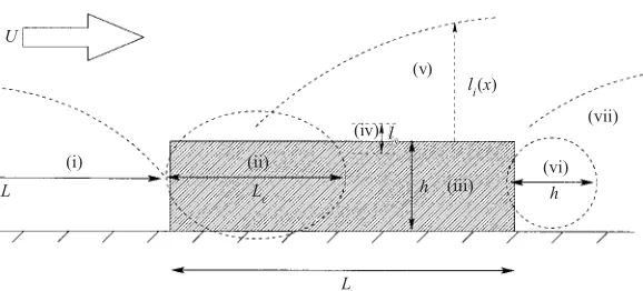Figure 3. Characteristics of the adjustment to the canopy. (i) Impact region; (ii) adjustmentregion (iii) canopy interior; (iv) canopy shear layer; (v) roughness-change region; (vi) exitregion; (vii) far wake.