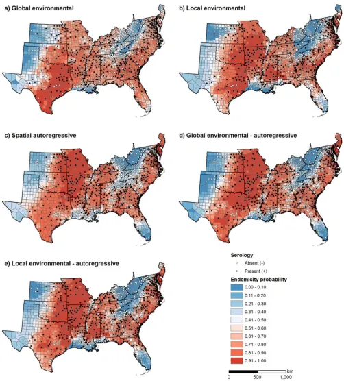 Figure 5chical modelsPredicted endemicity probabilities for Ehrlichia chaffeensis in the southeastern United States obtained from five Bayesian hierar-Predicted endemicity probabilities for Ehrlichia chaffeensis in the southeastern United States obtained from five Bayesian hierarchical models.
