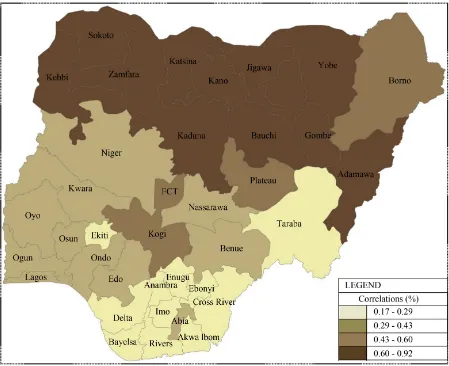 Figure 6. Time coherence of the interannual variability of standardised meningitis cases within states of Nigeria between 2000 and 2011