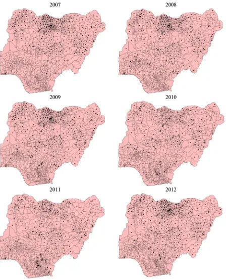 Figure 4. Spatial distribution of weekly reported cases of meningitis from 774 districts in Nigeria to WHO between 2007 and 2012