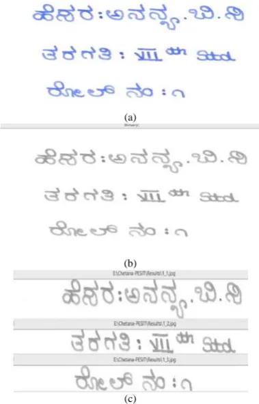 Fig. 6  Results of segmentation using Projection Profile (a) original document (b)binarised document (c)segmented document  