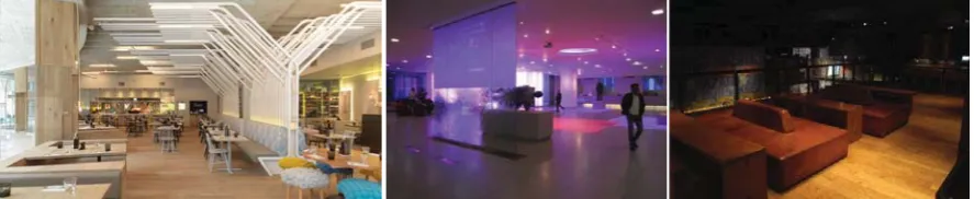 Figure 1: Three different semi-public interiors in the UK: restaurant (left), hotel lobby (middle) and bar (right).