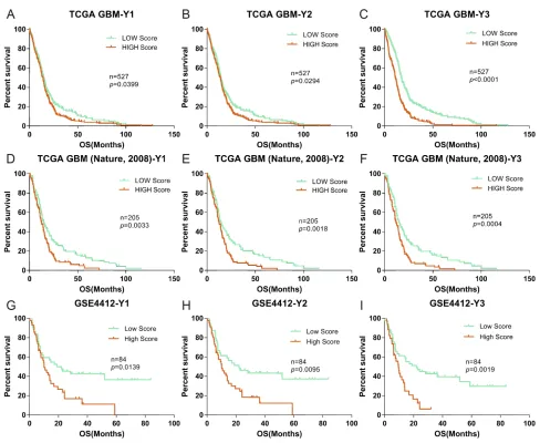 Figure 4 Correlation of the OS of GBM cohorts in the TCGA and GEO databases (Nature, 2008, Provisional and GSE4412) with low and high gene expression scores