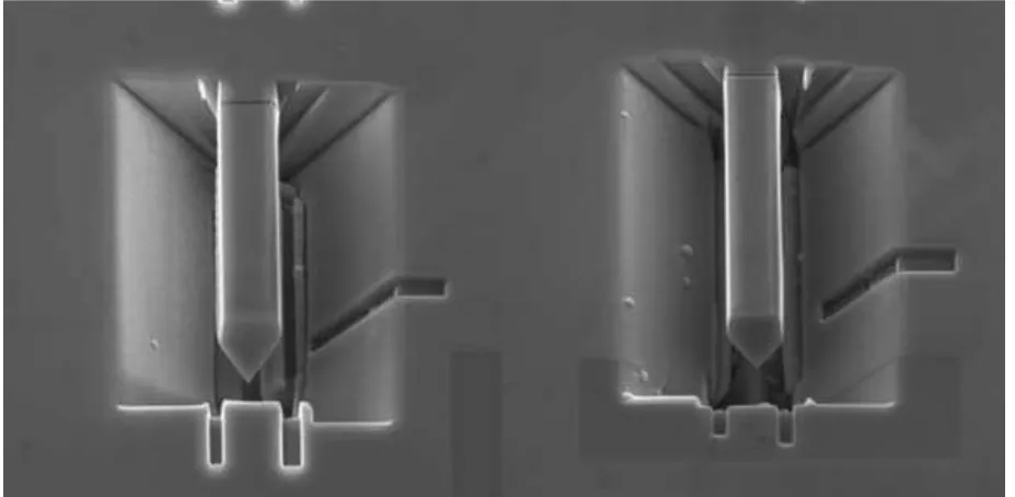 Figure 11: SEM image of two micro-cantilevers cut into a silicon wafer. These samples have been  a crack initiation notch machined into them near their roots