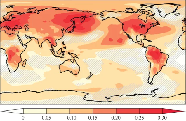 Figure 6. Fraction of total surface warming (i.e. warming caused by the combined radiative and physiological effects) associated with the physiological effects of COareas indicate regions not statistically significant at the 5% level using the Student2on s