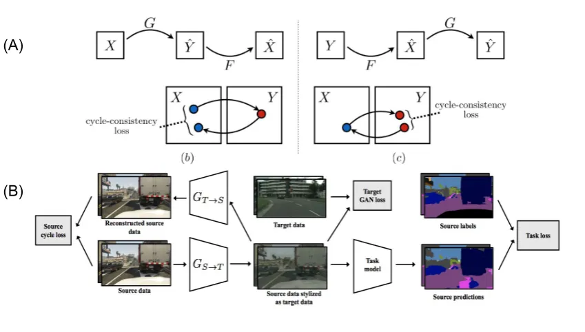Figure 7. (A) Training Architecture of CycleGAN. (B) Training Architecture of a CyCADA.
