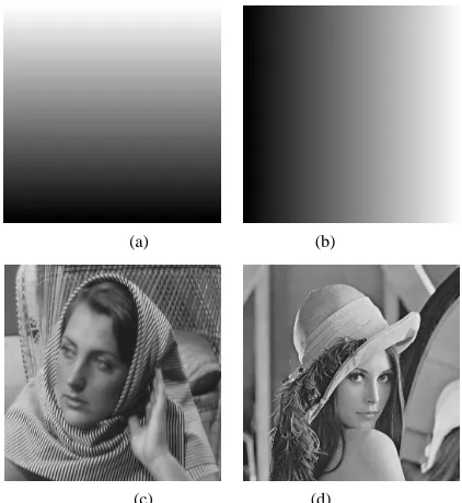Figure 4. Examples of 8-bit source images of 256 by 256 pixels used in the experiments: (a) Vertical ramp with 1- level per pixel gradation; (b) Horizontal ramp with 1-level per pixel gradation; (c) Barbara and (d) Lena