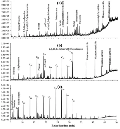 Fig. 2. TIC MS chromatographs of (a) bio-crude, (b) hydrotreated CoMo 350 �C oil and (c) hydrotreated CoMo 405 �C oil