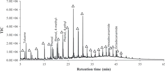 Fig. 3. Pyrogram of C5 residues (CoMo 405 �C bio-crude) at 600 �C D = alkene/-anes.