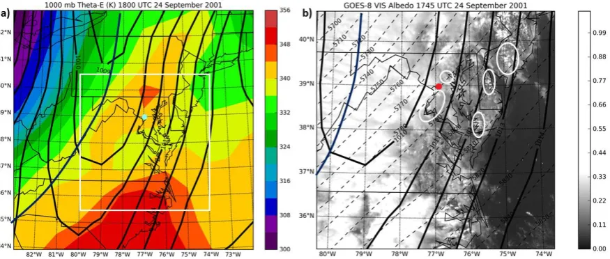 Figure 3. (a) NCEP FNL analysis-generated 1000-hPa equivalent potential temperature (e, contoured at 4K intervals) with overlying sea-level pressure (hPa, solid) at 1800 UTC; and (b) Sea-level pressure (hPa, solid) and 500 hPa geopotential height (m, dashed) overlying GOES-8 visible albedo imagery over the mid-Atlantic coastal region at 1745 UTC 24 September 