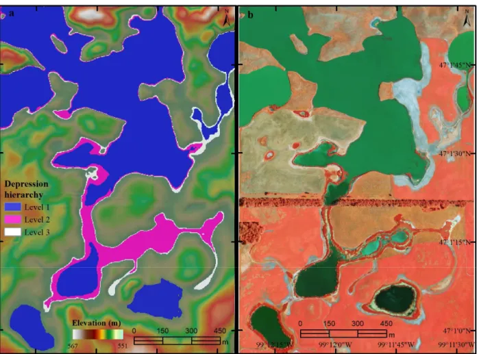 FIGURE 7. Sample area marked by the red rectangle in Figure 6. (a) Nested depressions overlaid  on the shaded relief map