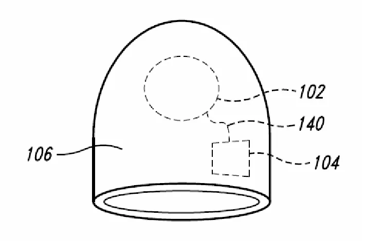 Figure 2 The device as envisioned over the nail, 102 is the combination UV LED and thin film heater, 104 is the power supply, 106 and 140 are the mechanical and electrical connections  