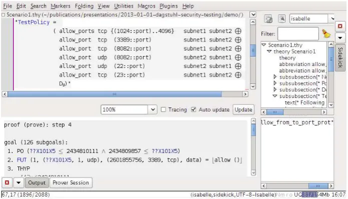 Figure 1. A HOL-TESTGEN session showing the jEdit-based Isabelle Interface. The upper-left sub-windowallows one to interactively step through a test theory comprising test speciﬁcations, while the lower-leftsub-window shows the corresponding system state of the spot marked in blue in the upper window.