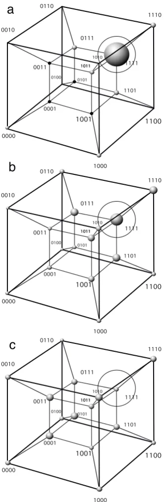 FIG. 9:The error catastrophe on a four-dimensional hy-percube.Three occupation patterns for 4-bit strings areshown:strings 1111 have a large ﬁtness fm, whereas alls1s2s3s ̸4= 1111 (si ∈ {0, 1}) have the same, smaller ﬁtness f.Strings replicate with a mutat