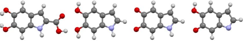 Figure 1. Monomers under study in the present paper, namely left DHICA, center-left DHI, center-right IQ and right MQ