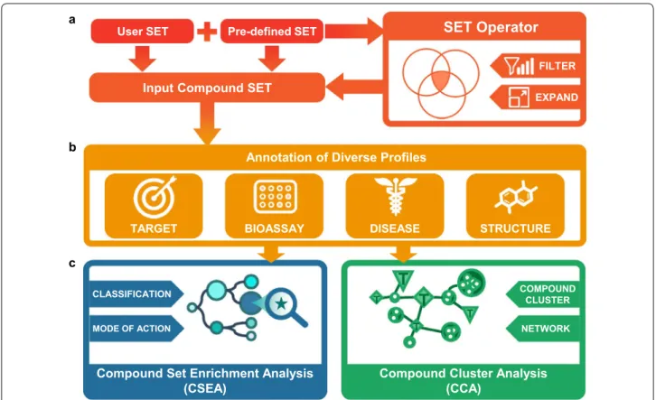 Fig. 1  System overview of CSgator web platform. a Input Compound Set generated by user or selected among the predefined sets