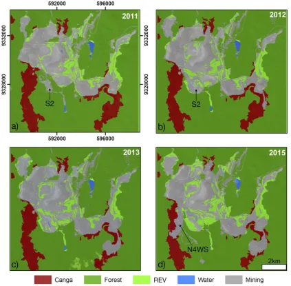 Figure 5. Classified high-resolution 2011 Ikonos, 2012 GeoEye, 2013 Ikonos and 2015 WorldView-3 images illustrating the temporal and spatial changes in forest, canga, open-cast mine and revegetated (REV) land cover classes
