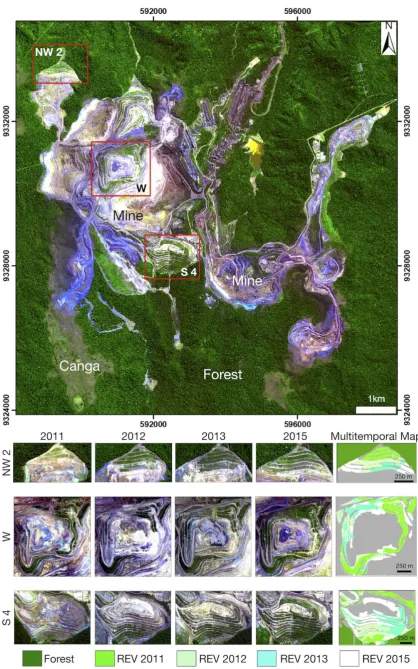 Figure 8. Increase in revegetaed area (REV) on three selected waste piles (South 4 [S 4], West [W] and Northwest 2 [NW 2]) from the N4-N5 mining complex from Carajás, Brazil, between 2011 and 2015