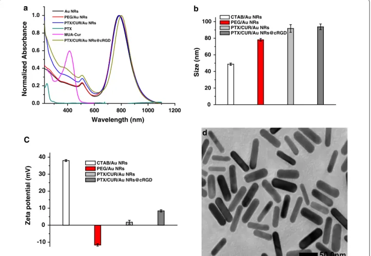 Fig. 2  Characterization of Au NRs. a UV–Vis-NIR absorption profiles of Au NRs, PTX, MUA–Cur, PEG/Au NRs before and after cRGD coating