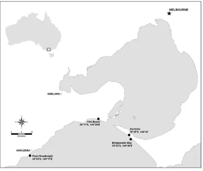 Figure 1. Map showing study sites (black filled circles) including latitudes and longitudes