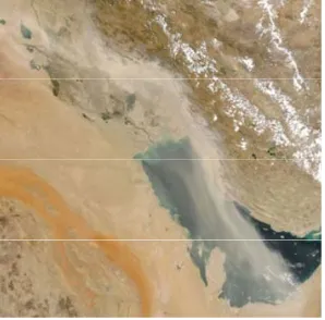 Figure 6. A dust storm hitting Kuwait, south of Iraq, and the Arabian Gulf, on August, 9, 2005 (Courtesy of Aqua)