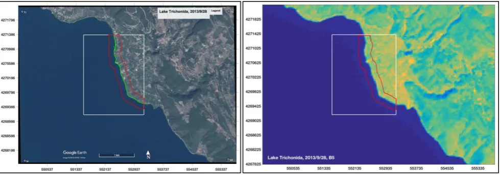 Figure 2. (left panel): 24 Google Earth images overlaid by the predefined polygon (in white) Landsat-8 OLI band 5 images overlaid by the predefined polygon and the identified buffer zone and the identified water-land boundary (in green) and the buffer zone