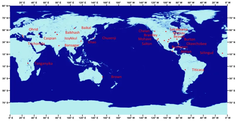 Figure 1. Geographic locations of 24 selected lakes across the globe. 