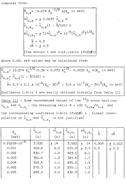Table III : Some recommended values of the 