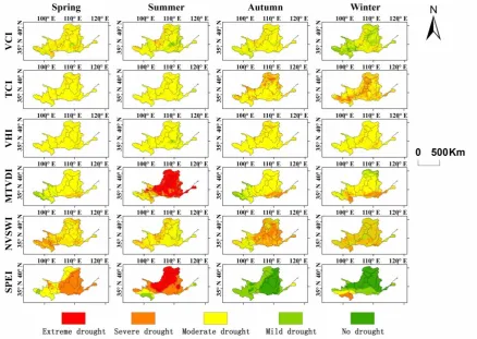Figure 6. Spatial distribution of seasonal drought in the Yellow River basin (YRB). 