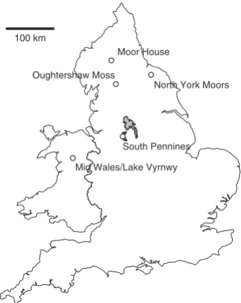 Figure 1 | Map indicating locations of blanket bogs used in the analysis.Moor House, Oughtershaw Moss and Lake Vyrnwy indicate locations fromwhich WTD observations were acquired to validate the hydrological model.Mid Wales, North York Moors and South Penni