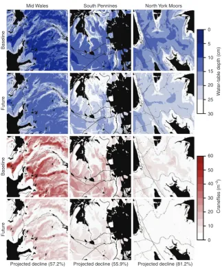 Figure 3 | Landscape-scale projections of summer water-table depth and spring-emerging adult craneﬂy abundance for baseline (1961–1990) andfuture (2051–2080) periods.peatland land cover, elevations below 250 m above sea level)