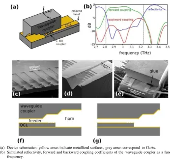 Fig. 2. (a) Device schematics: yellow areas indicate metallized surfaces, gray areas correspond  to GaAs