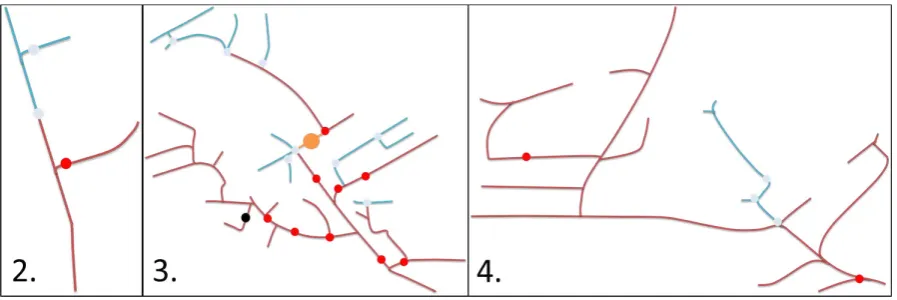 Figure 3: Sewer systems 2, 3 and 4, Sheffield.  Colour coding as Figure 2. The black circle in sewer system 3 indicates where validation has been performed and misconnections observed