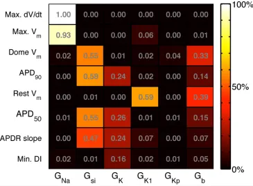 Fig 8. Variance based main effect indices for each emulator. Main effect index of each emulator (rows) toeach input (columns), describing the proportion of the output variance that can be accounted for by varianceon the input.