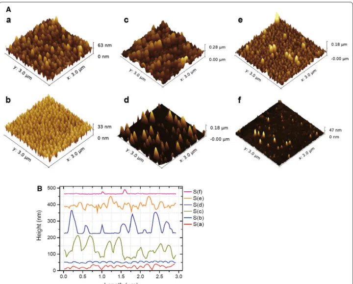 Fig. 2  A AFM images of nanostructured Ormostamp surfaces a–f corresponding to the structures S(a)–S(f ) shown in Fig