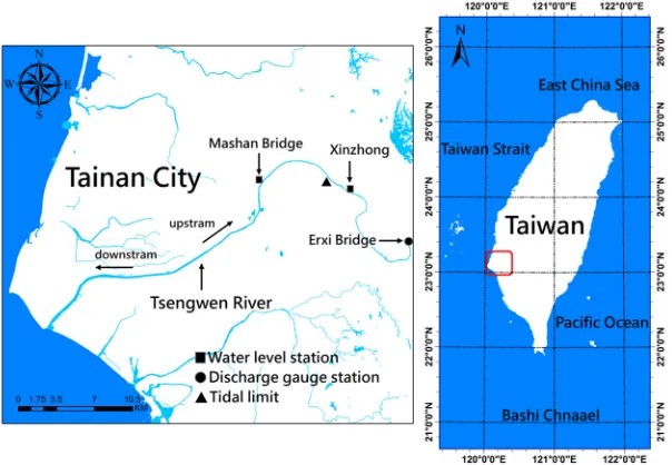 Figure 1. Maps of the study area (white, blue, and cyan represent land, ocean, and river, respectively)
