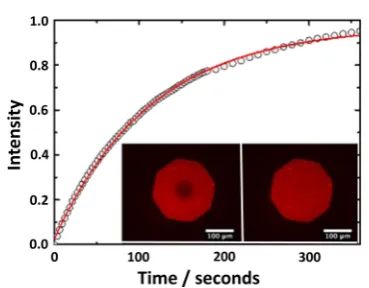 Figure 6. FRAP data obtained for a lipid bilayer formed on a 10%images:di±bilayer formation, and the lipid mixture used to prepare this SLBcomprised 89.5 mol % zwitterionic POPC, 10% anionic DOPG, and0.50 mol % Texas Red-labeled DHPE as asurface-quanterniz