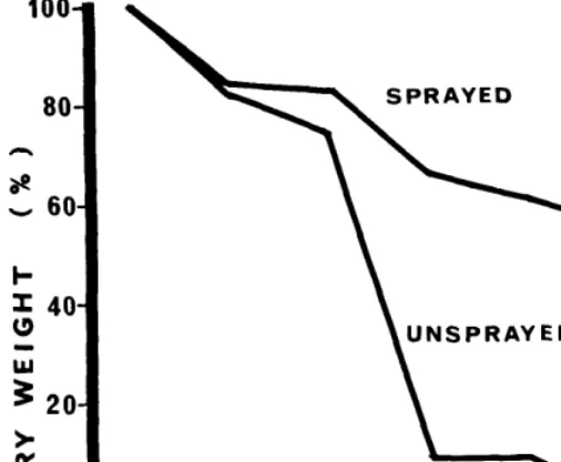Fig. 4. Proportions of litter remaining in net bags buried 1.5 cm beneath the soil surface in termite-infested (unsprayed) and termite-free (sprayed) rangeland, April to September, 1972