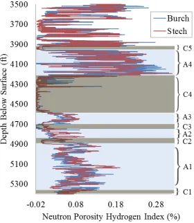 Fig. 4 Neutron porosity hydrogen index (NPHI) vs. depth for the Burch 1-20B (Burch) and Stech 1-21A (Stech) boreholes