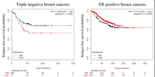Fig. 5 Kaplan-Meier plot of STAT3 mRNA levels in triple negative and ER + breast cancers