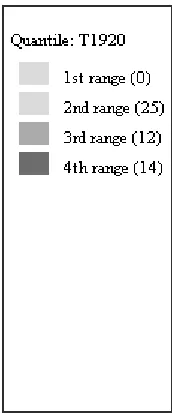 Figure 1. US, 1920, turnout quantiles by state and statistically significant regional clusters as determined by a permutation test